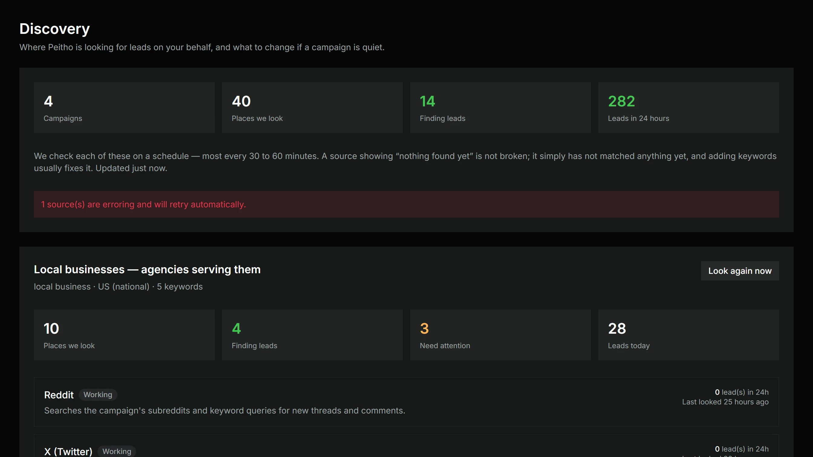 The discovery page, showing which sources are being searched and what each has found.