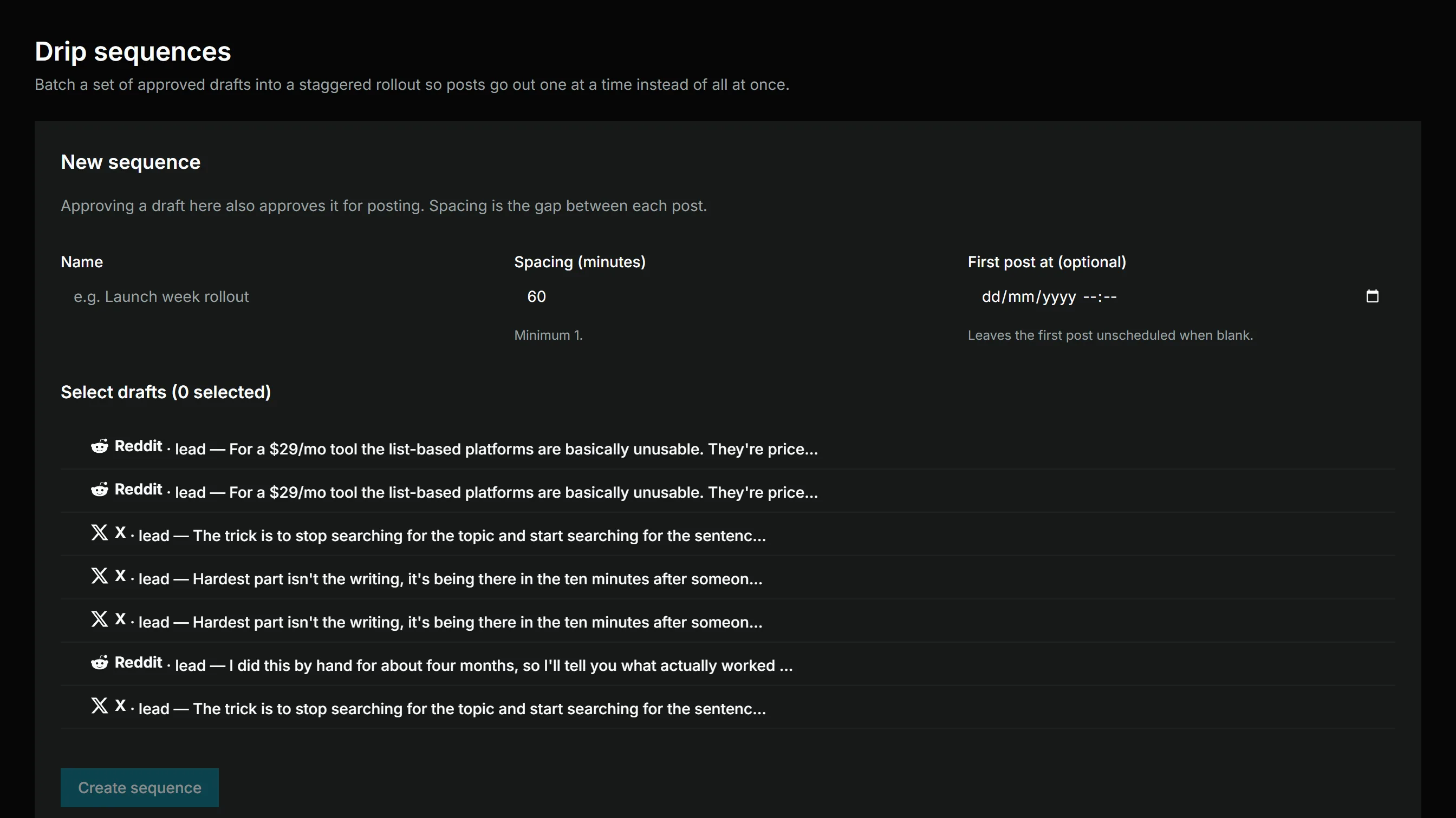 Two drip sequences — one running, one finished — with each post's staggered time.